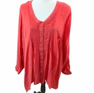 Dex Blouse , Coral Color With Asymmetrical Hem. Button Up . Sz 2x EUC